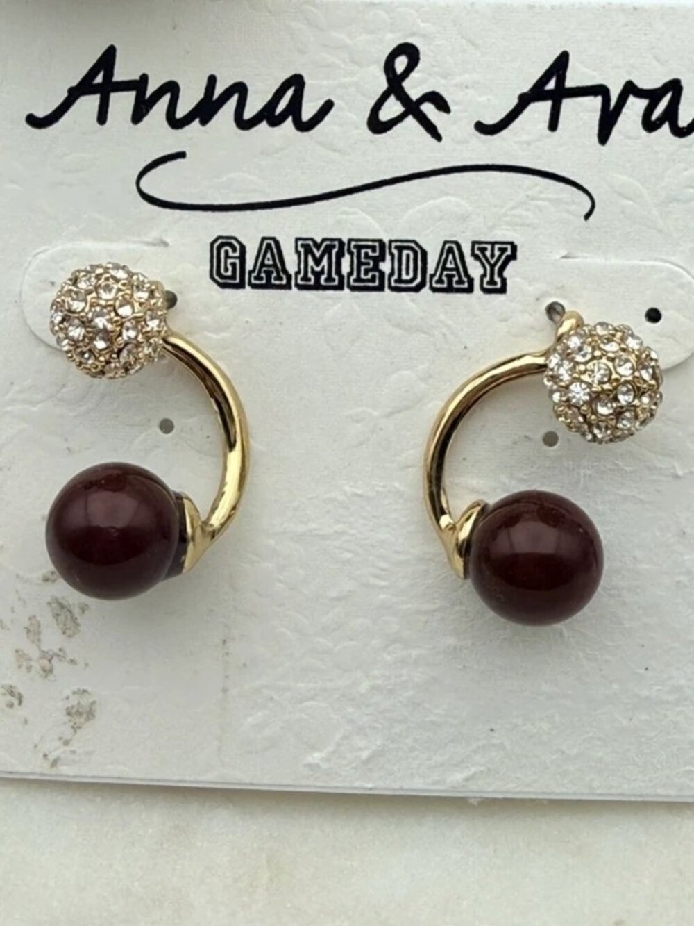 Anna & Ava Gameday Gold Tone Double Ball Earrings Maroon Rhinestone Studs - Picture 2 of 4